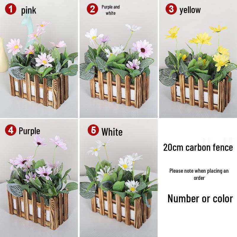 Silk Flower Pot with Wood Fence: Decorative Bonsai for Living Room or Office.