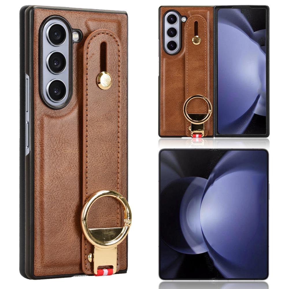 

For Samsung Galaxy Z Fold6 5G Case Leather+PC+TPU Wristband Cover with Bottle Opener Ring Brown