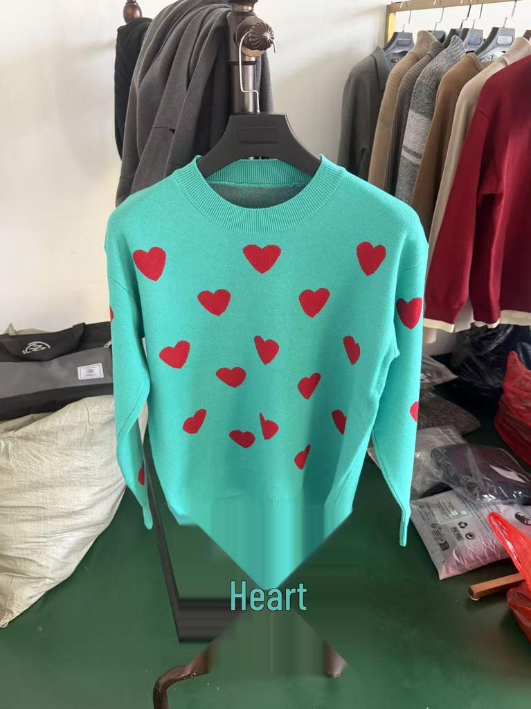 Women's Heart Shape Jacquard Knit Sweater - European & Korean Style, Loose Fit for Autumn/Winter