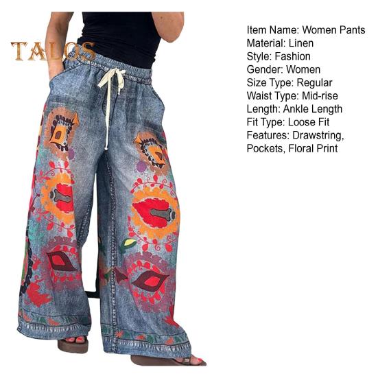 Dámské kalhoty Stahovací šňůrka Elastický pas Přehnaný tištěný design Široké kalhoty Imitace džínoviny Kalhoty s kapsami