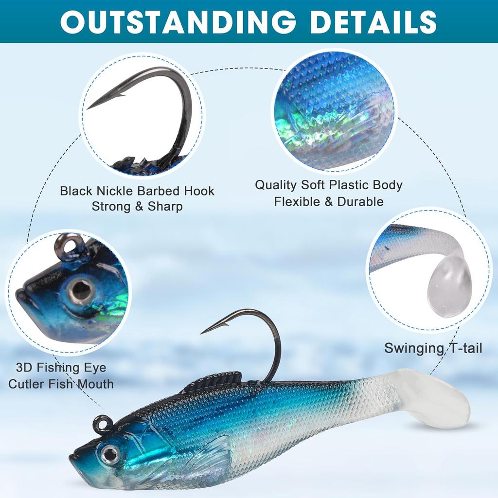 Soft Fishing Lures Pre-Rigged Swimbait Jig Head Paddle Tail Swim Baits Swim Shad Lures Soft Plastic Swimbait Bass Trout Walleye Sinking Baits Fishing