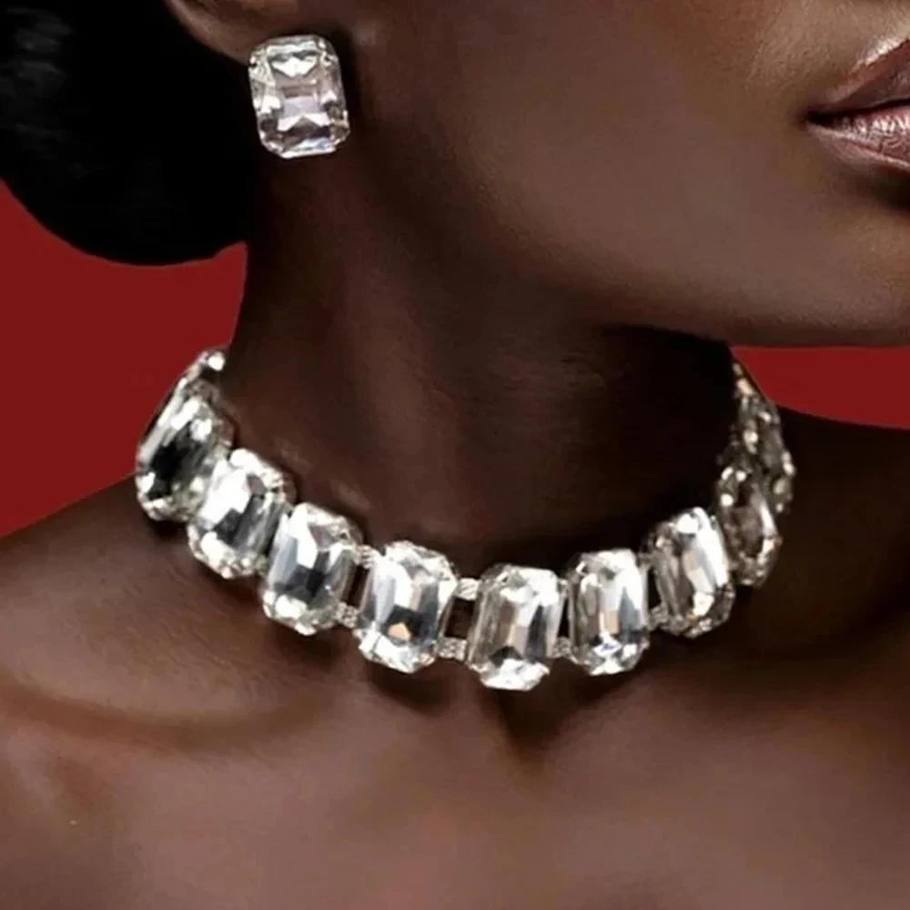 Stonefans Square Necklace and Earrings Set Accessories for Women Geometric Jewelry Sets Luxury Designs Elegant Wedding