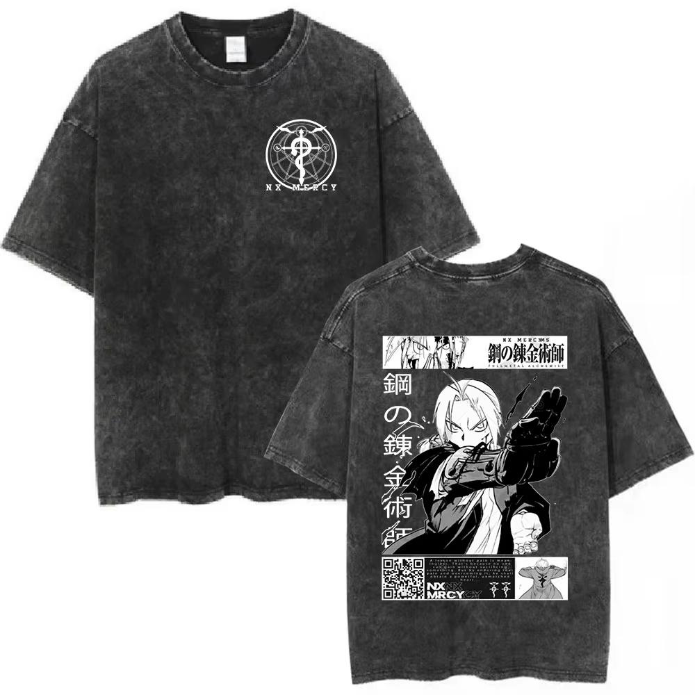 Anime Fullmetal Alchemist Graphic T‑Shirt Men Women Casual Oversized Vintage Washed Cotton Short Sleeve Streetwear Tee Tops