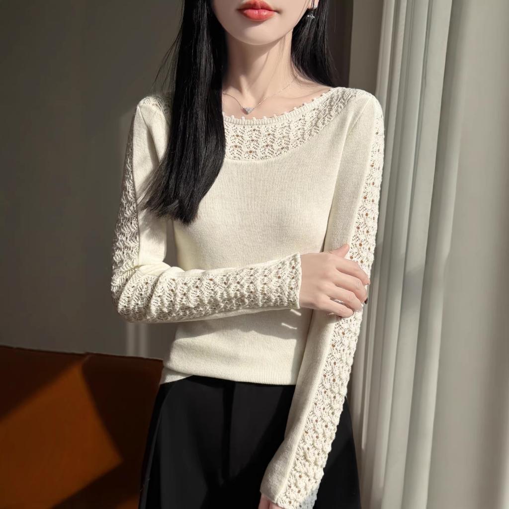 Women S Long Sleeve Knit Sweater One Neck Crochet Hollow Basic Top