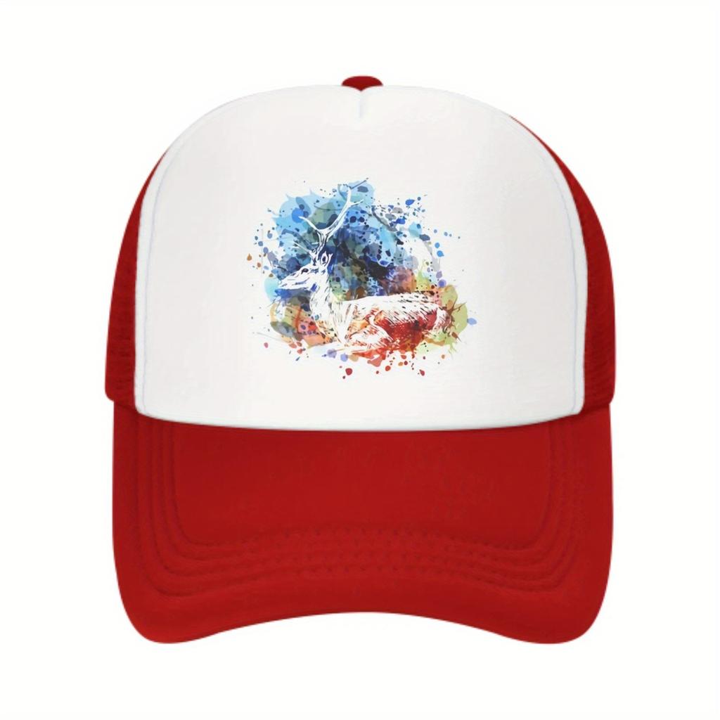 Watercolor Deer Graphic Print Mesh Back Trucker Hat Unisex Casual Adjustable Baseball Cap