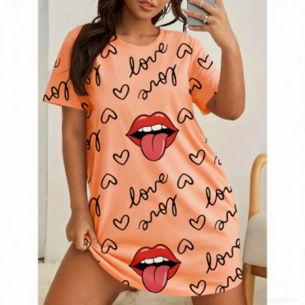 Sexy Lips Print For Women Short Sleeve Sleepwear Dresses Loose Casual Fit Tee Nightwear Home Clothes Nightie Loungewear Dresses