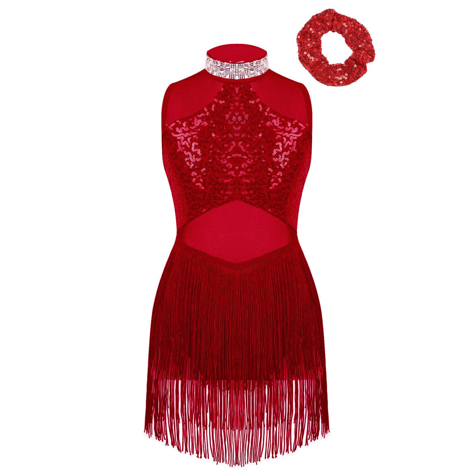 

Дівчачий блискучий леотар для танців з коміром зі стразів, сітчастими вставками з паєтками, бахромою по подолу та відповідною прикрасою для волосся 15-16 Years бордовий