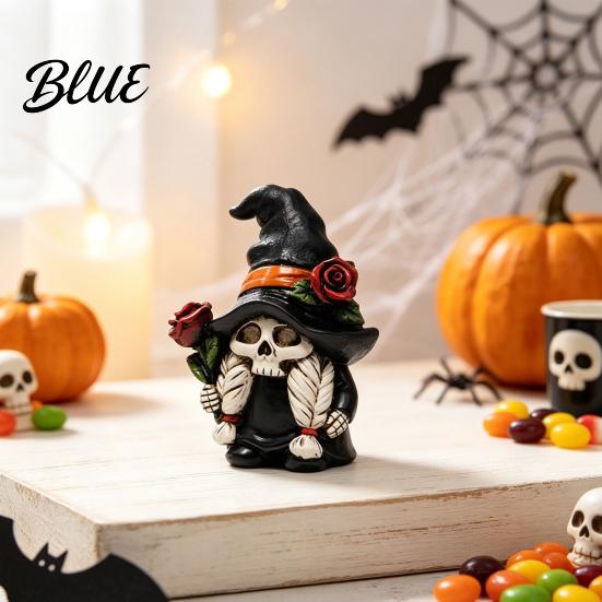 Gnome Table Centerpiece Halloween Skeleton Figurine Gothic Witch Hat Dwarf Statue Holiday Party Ornament Holding Rose Sculpture for Decoration