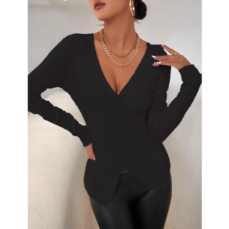 

Женский свитер, модный тонкий повседневный однотонный пуловер, топ с длинными рукавами и v-образным вырезом, вязаный свитер в рубчик XL чёрный