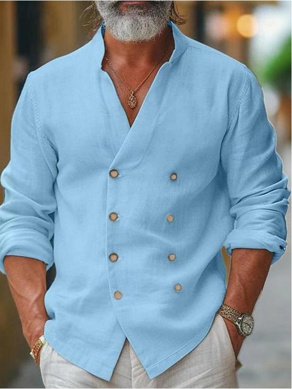 Pánský nadměrný dvouřadý kardigan z bavlny a lnu se stojáčkem a dlouhým rukávem