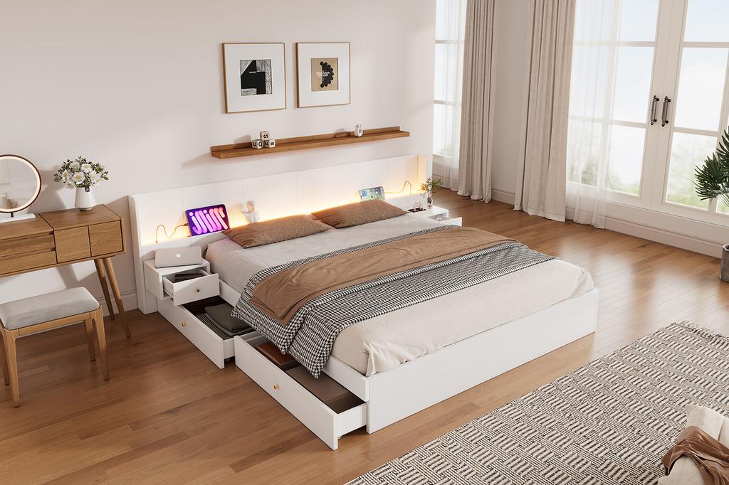 Double bed 180*200cm, with USB port, LED lighting and socket, controllable via mobile app, 2 nightstands, with drawer storage, without mattress, white