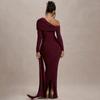 European and American Sloping Collar Long Sleeved Fashionable Temperament Solid Color Pleated High Waisted Long Dress