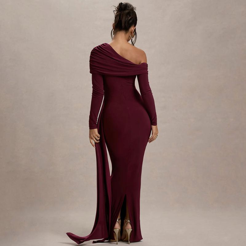 European and American sloping collar long sleeved fashionable temperament solid color pleated high waisted long dress