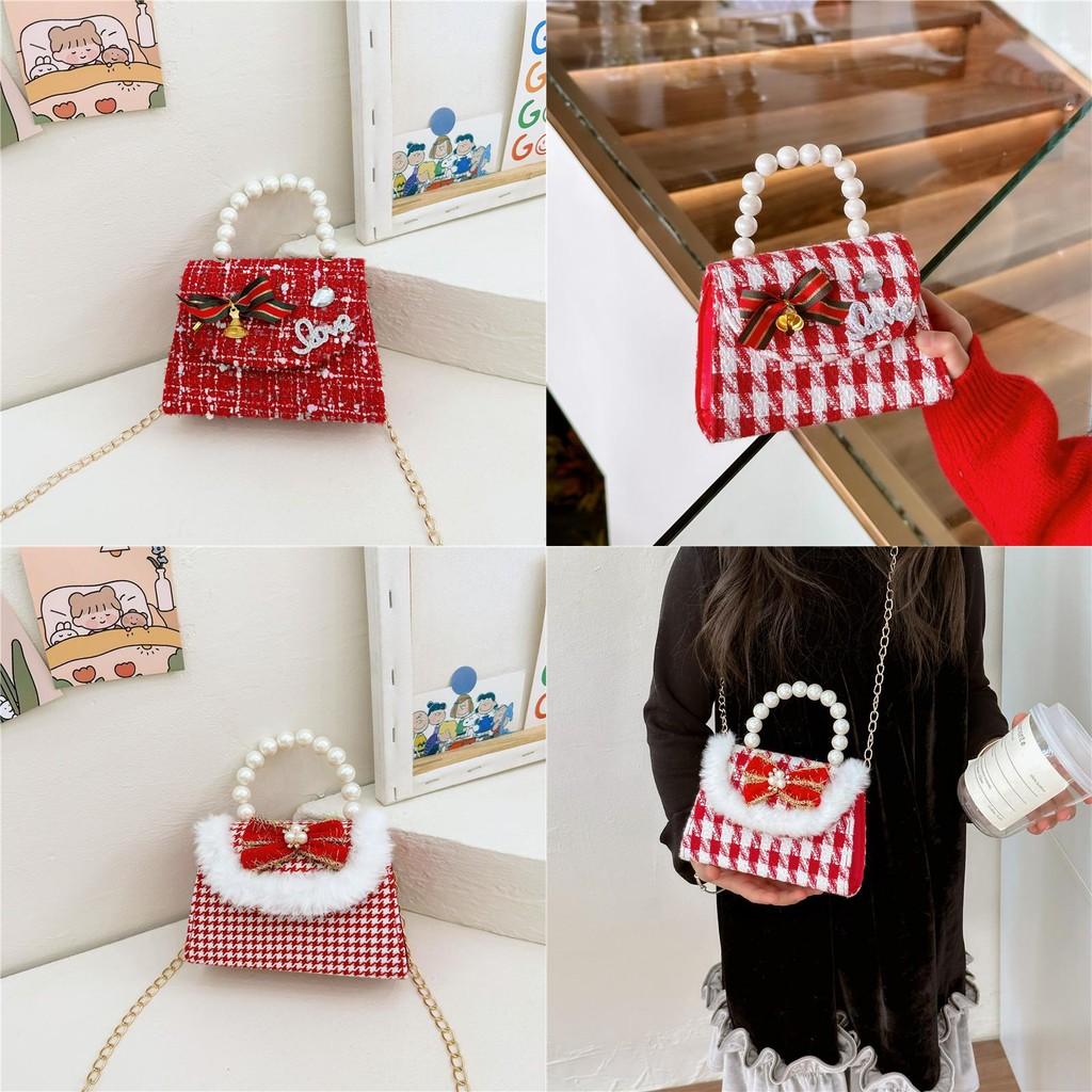 Adorable Red Pearl Handheld Princess Purse For Little Girls With Charming Cartoon Design