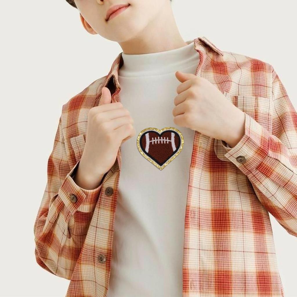 12pcs Heart Football Iron on Patches Embroidered Motif Applique Deco Sew on Patches Gold Edges Chenille Love Shape Rugby Embroidered Patches for