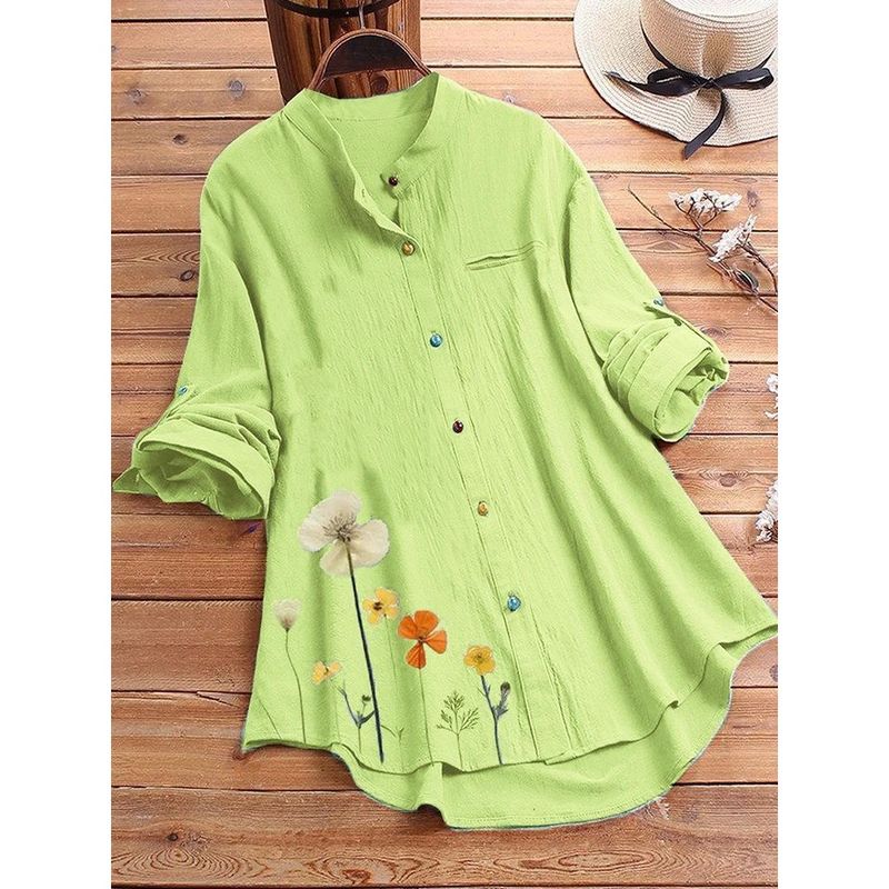 

Printed Stand up Collar Button up Shirt Women s Print Stand Collar Button Shirt Green S