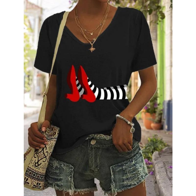 Summer Casual V-Neck Rainbow Printed Short Sleeve Women's T-Shirt Top
