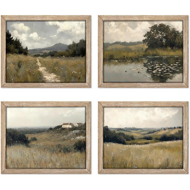 Gatheroad Landscape Art 8x10 Inch, Set of 4 Unframed Country Wall Art, Vintage Farmhouse Prints and Nature Wall Art for Living Room & Bedroom