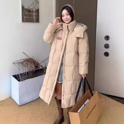 Casaco longo com capuz para mulheres, novo inverno, branco, pato, penas, grande, colcha, versátil, anti-temporada, liquidação