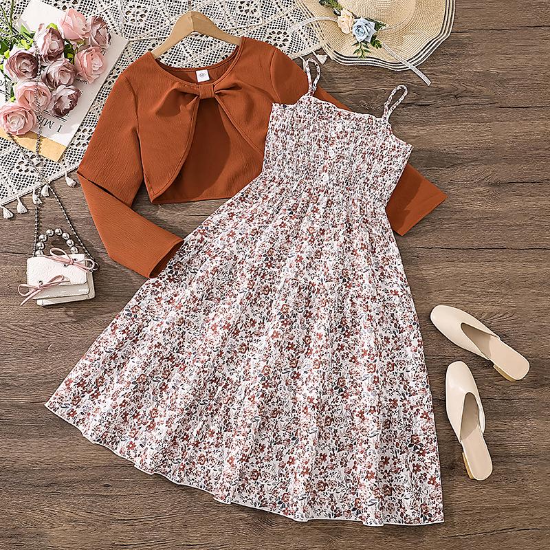 Frühlingshaftes Blumen-Camisole-Kleid & Langarm-Mantel-Set für Mädchen