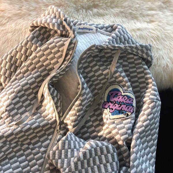 

Вафельный свитер с капюшоном Женский осенне-зимний тонкий кардиган на молнии Куртка Женский свободный парный топ Модный ретро универсальный свитшот M