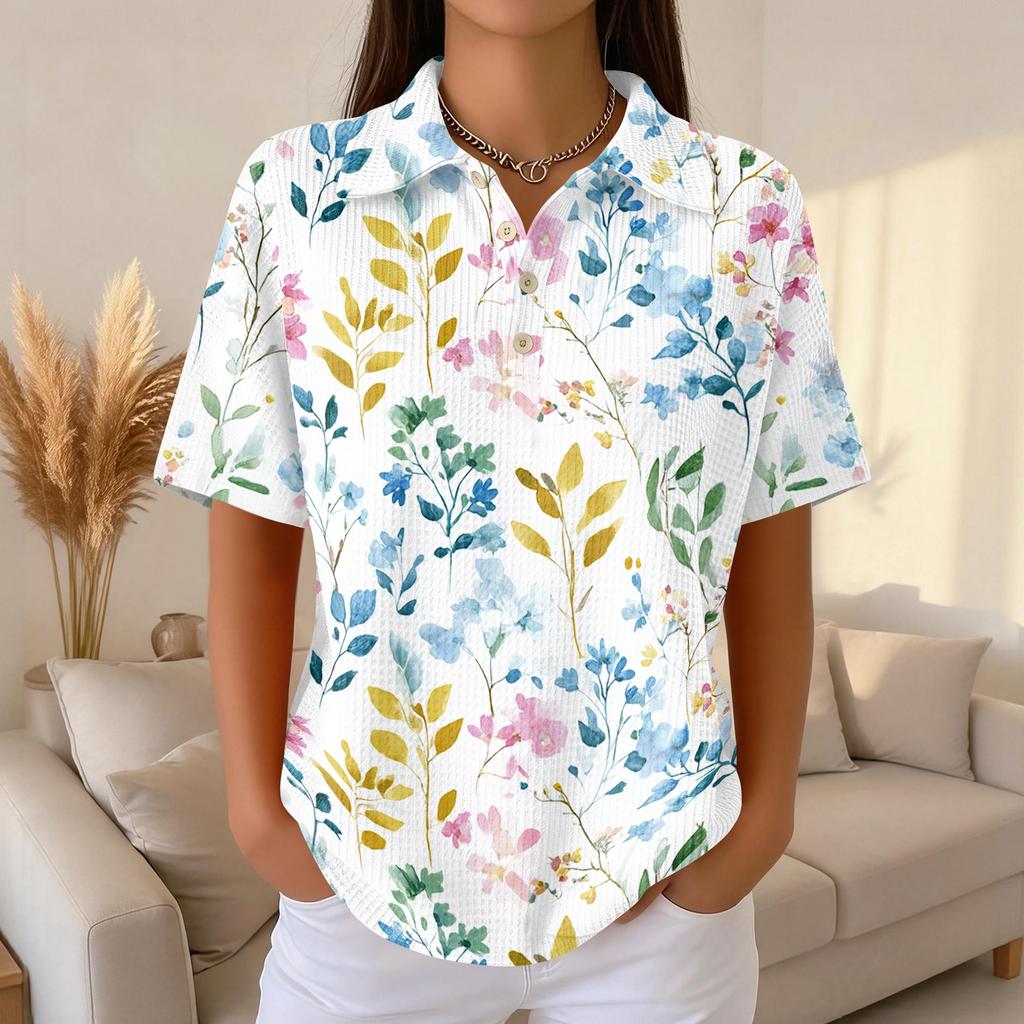 Women’s Casual Short Sleeve Knit Collared Top with Floral Print Relaxed Fit Button Down Blouse for Daily Wear