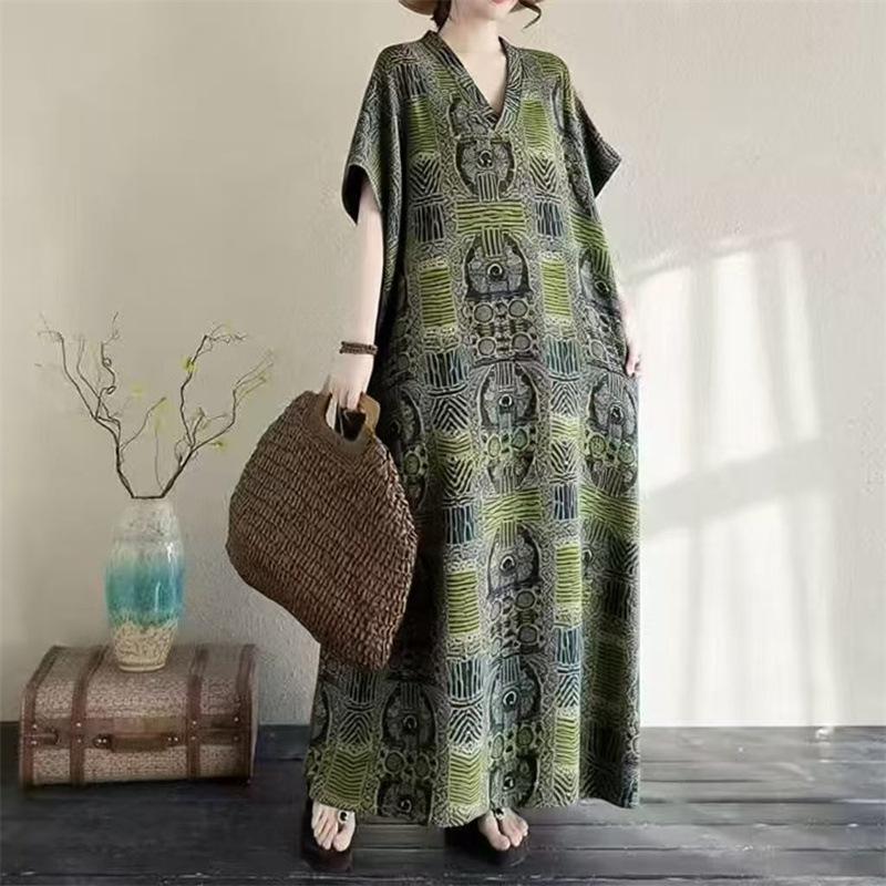 Cotton and linen printed round neck loose large size long sleeve fat MM plus fat plus size fake literary retro dress