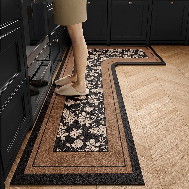 Kitchen Floor Mat PVC Waterproof Non-slip Carpet L Shape Brown Leather Foot Mat Floral Rug Texture Home Decorative Carpets