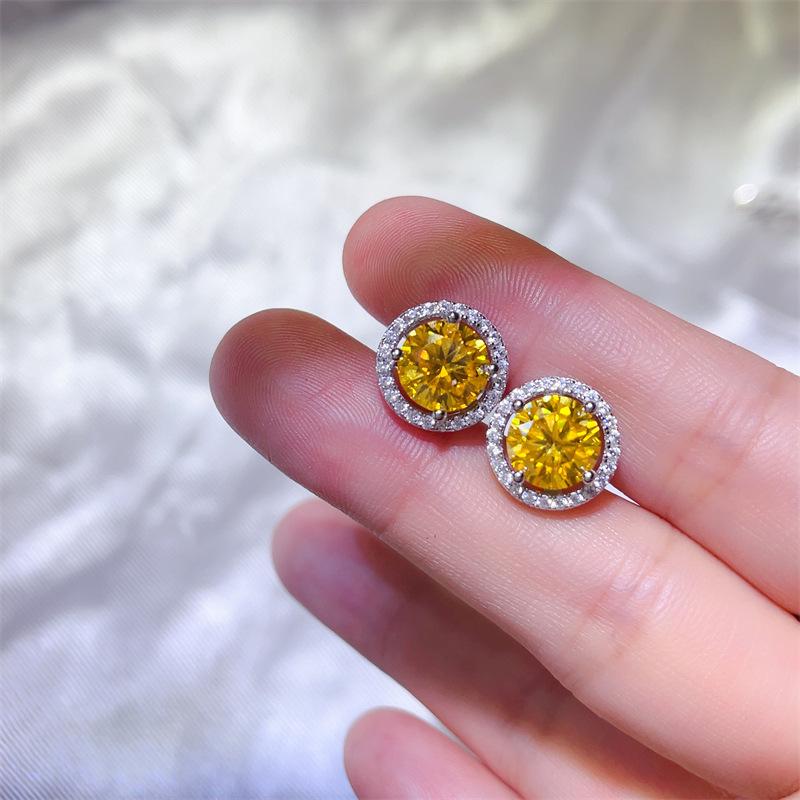 Yellow Moissanite Three-Piece Women s Ring, Pendant, and Earring Set - Classic Round Bag Exaggerated Fashion Style