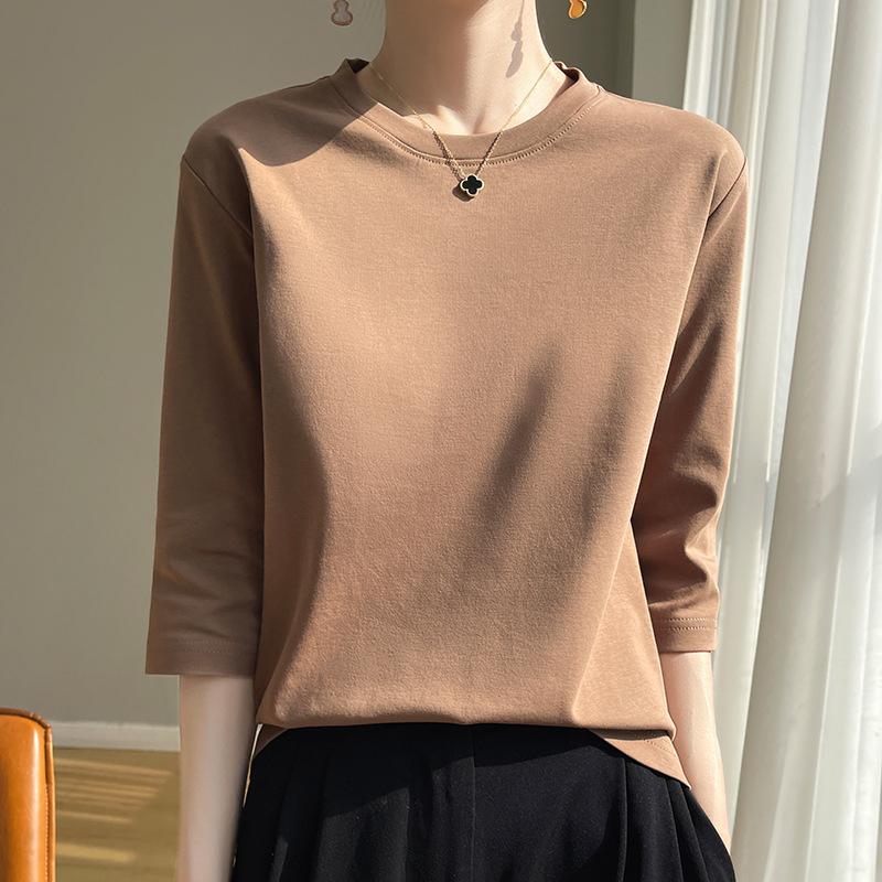 Spring And Summer White Mercerized Cotton Short Sleeve T-Shirt Feminine Joker Cotton Cropped Sleeve Bottoming Shirt