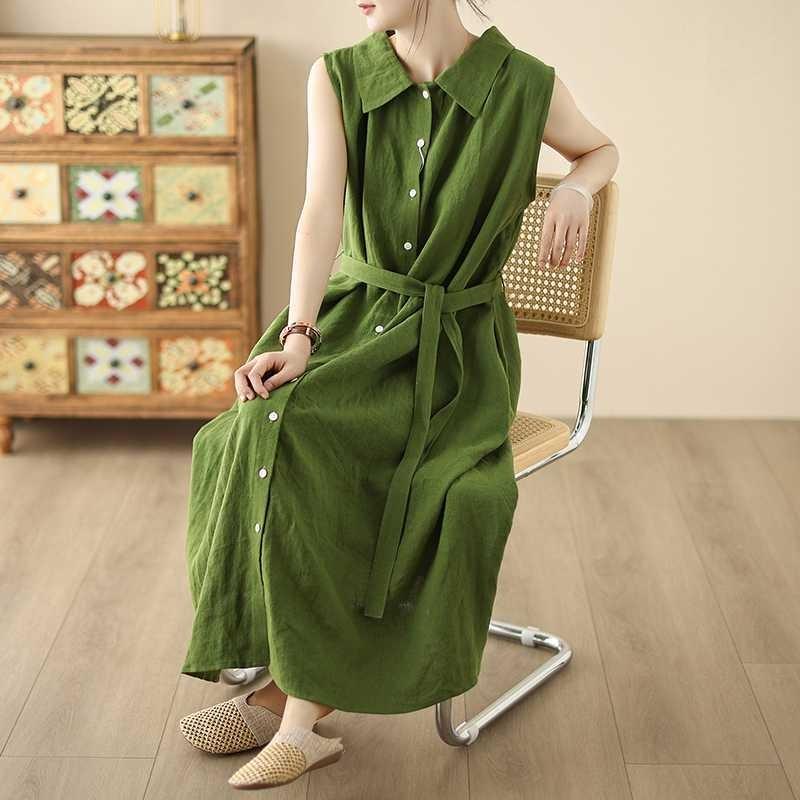 Green Sleeveless Shirt Dress Women's Summer New Design Sense Loose and Thin Lace-up Temperament Long Skirt