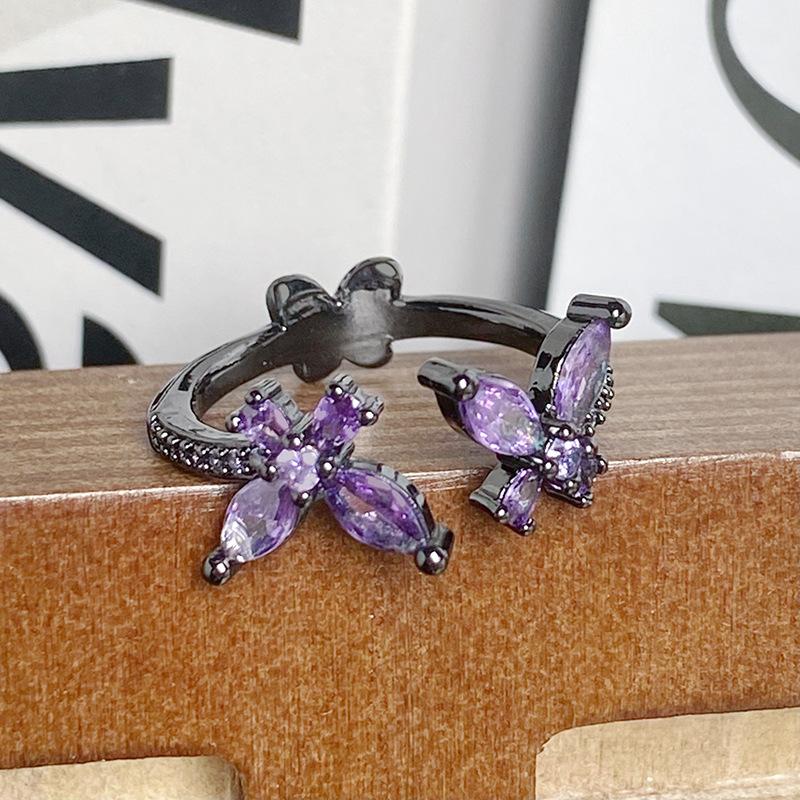 [Butterfly Purple Que] Dark Butterfly Purple Diamond Punk Personality Open Ring Spice Girls Stack Niche Design Rings