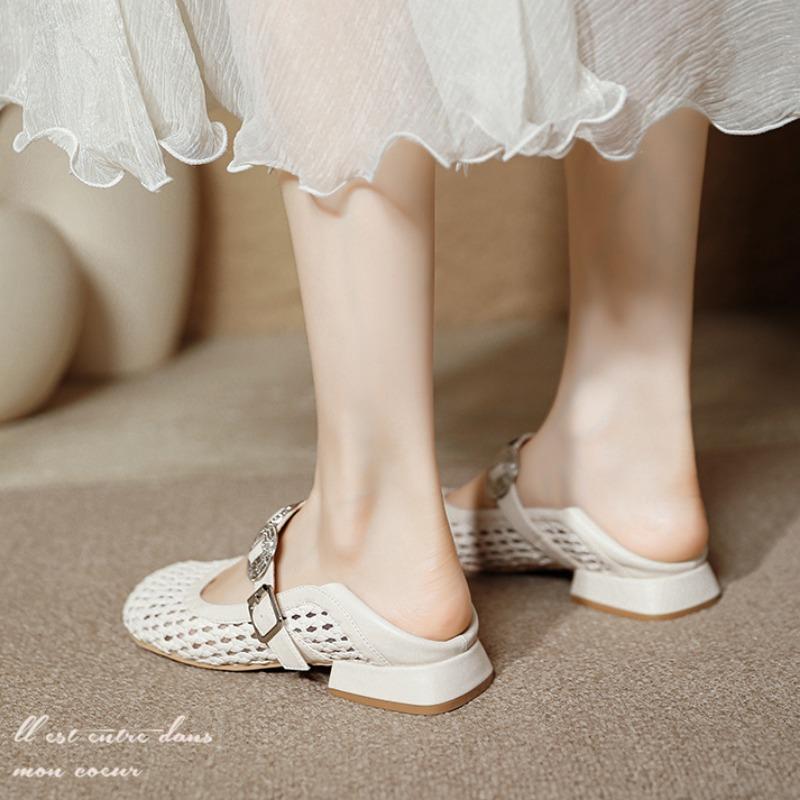 Woven Hollow Shoes Niche Mesh Toe Shoes Metal Buckle One-strap Women's Shoes Round Toe Flat Mary Jane Shoes