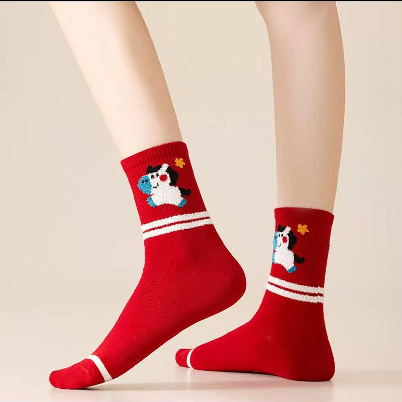 New Year'S Red Socks Women'S Horse Year Birthday Year Autumn And Winter Stacking Socks Thickened Warm Calf Socks Pony Embroidered Cotton Socks
