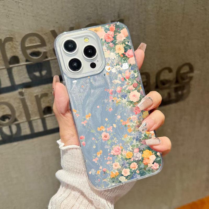 Luxury Floral Print Glitter Slim Case For iPhone 16 15 Pro Max 14 Pro 13 12 11 Glossy Shockproof Hybrid TPU PC Clear Phone Cover
