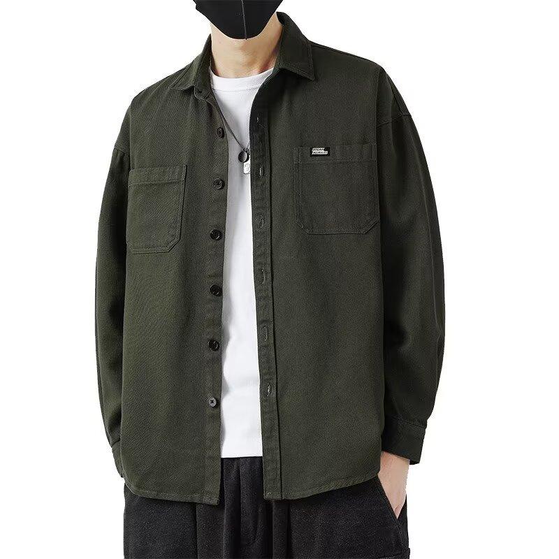 Camicia a maniche lunghe di cotone da primavera e estate da uomo, ampia, di tendenza, americana con risvolto, tasche, camicia, capispalla, top