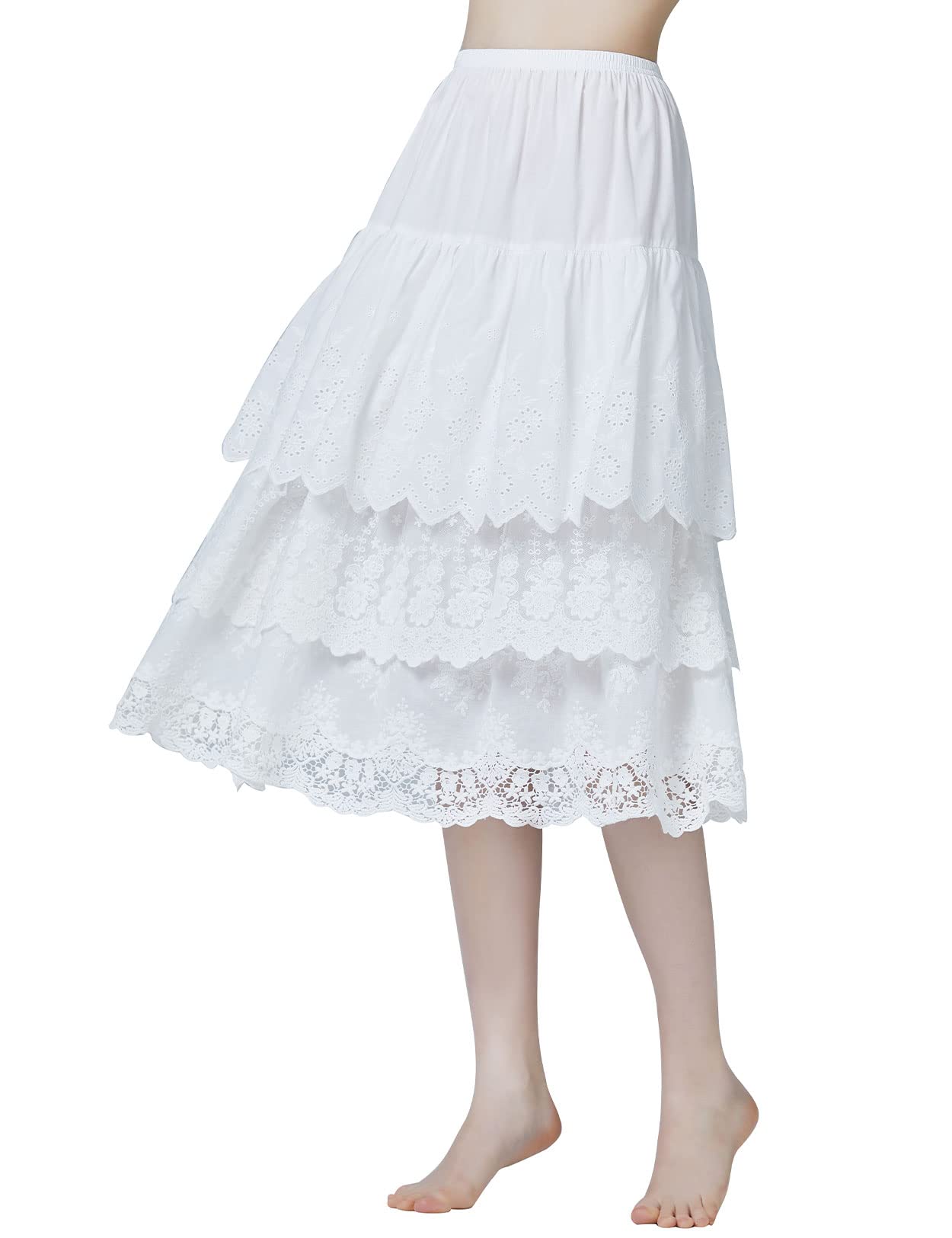 

BEAUTELICATE Cotton Petticoat with Lace Embroidery at the Size M 100% Hem, Tiered, Long, 3-Layer Ruffle, White, белый
