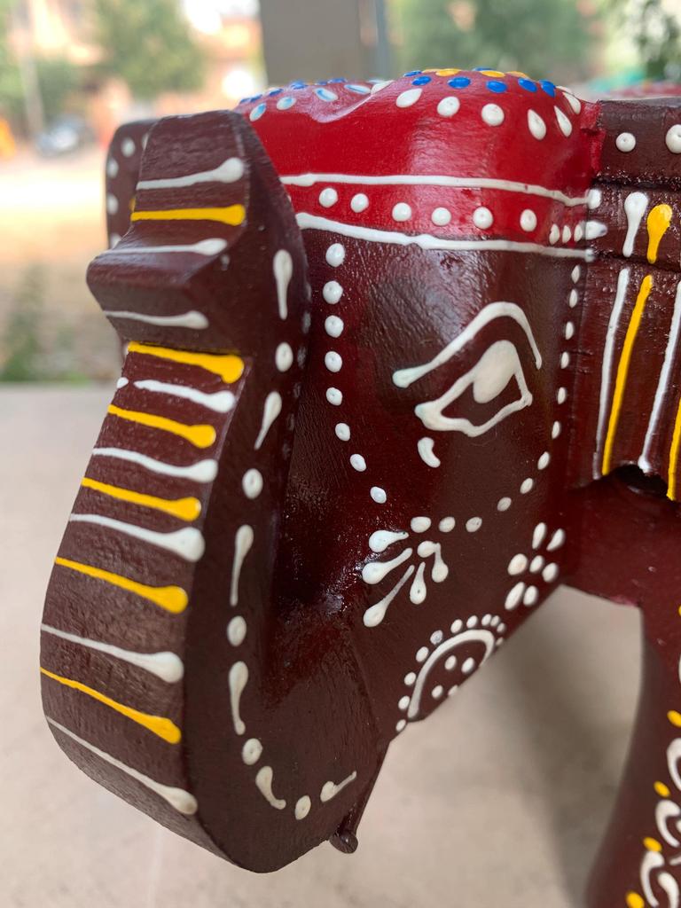 Two-Headed Wooden Elephant Stool Colorful Painted Mini Table
