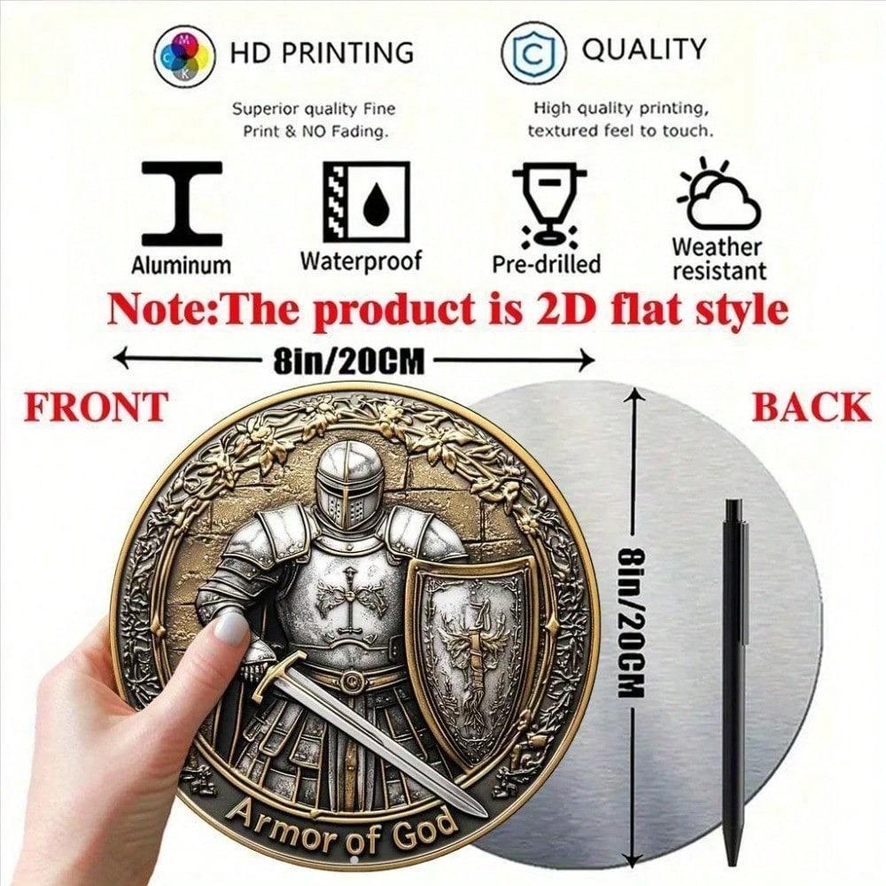 2D Flat Aluminum Armor Warrior Round Sign 7.87x7.87 Inch Metal Wall Art Unique Themed Gift Home Seasonal Decoration 1pc
