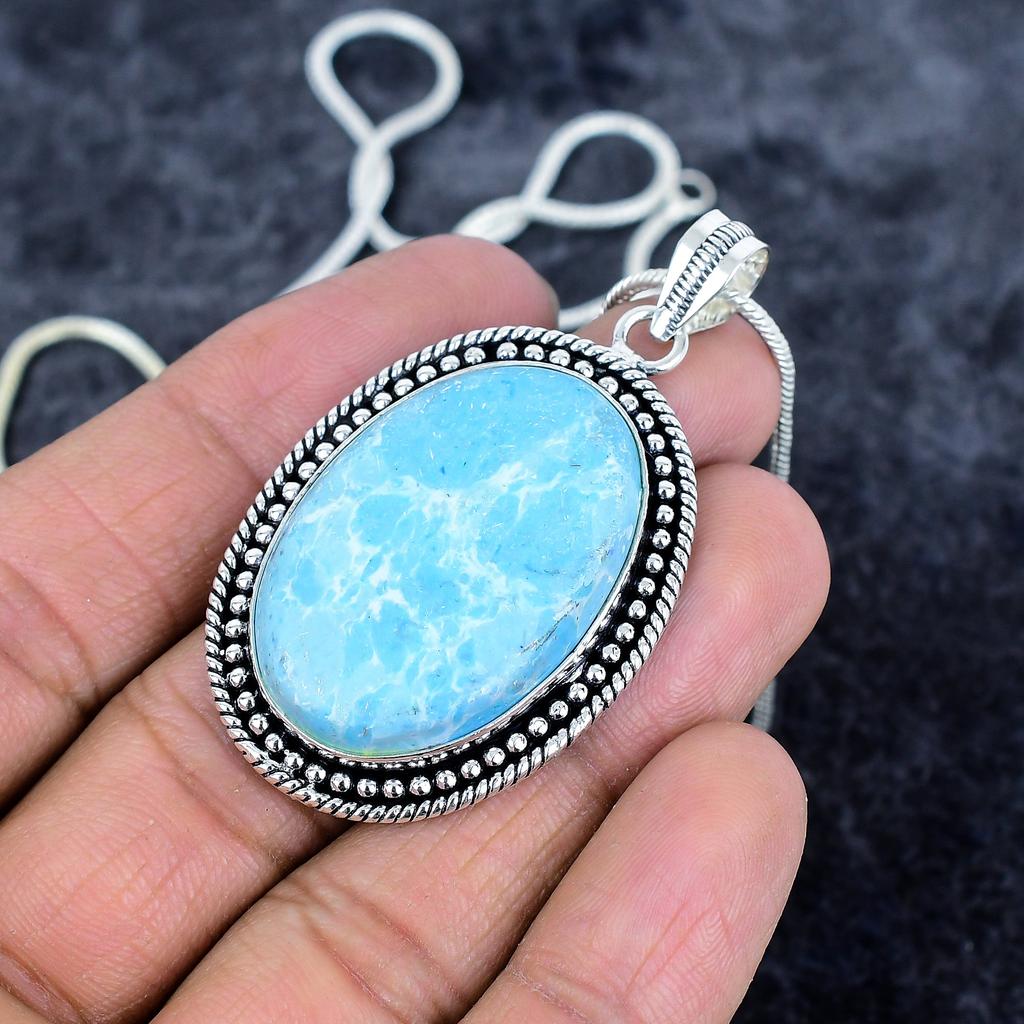 Larimar Gemstone Handmade 925 Sterling Silver Jewelry Pendant 2.25" M-2956