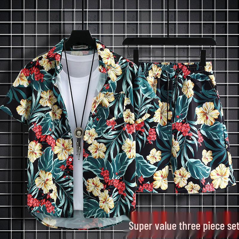 Versatile Men's Quick-Dry Shorts & Floral Shirt Set - Retro Hainan Island National Trend