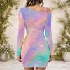Women Plus Size One Shoulder Long Sleeve Gem Printed Purple Black Gray Bodycon Mini Dress