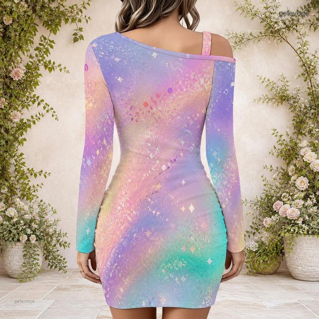 Women Plus Size One Shoulder Long Sleeve Gem Printed Purple Black Gray Bodycon Mini Dress
