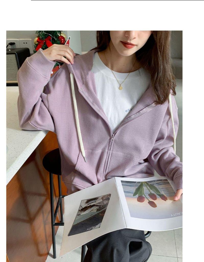 Women's Korean Style Waffle Knit Hooded Jacket (Spring/Autumn) - Slimming, Loose Fit, Plus Velvet, Zipper Cardigan Top