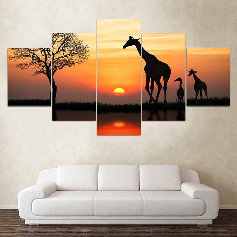5 Pieces Modular Giraffe Canvas Painting Tree Landscape Sunset Posters and Prints Wall Pictures Living Room Home Decor No Frame