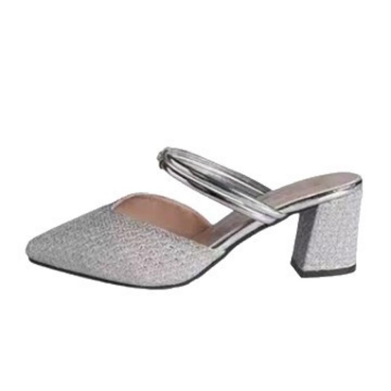 Wearing pointed toe half slippers versatile women's shoes trendy two wear women's summer new bag head thick heel cool slippers