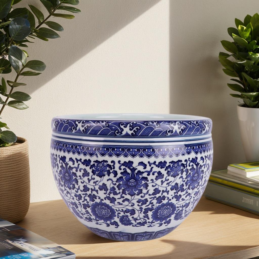 Blue and White Porcelain Turtle Tank: Fish and Lotus Pot for Desktop or Floor