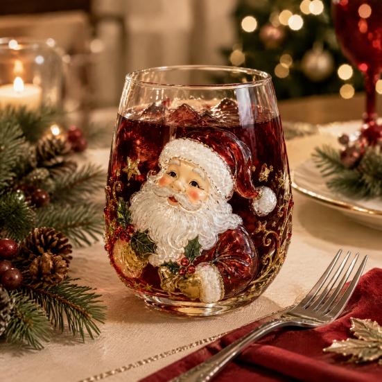 Retro-Stil Feiertagsgeschirr Weihnachts-Glaskunstbecher mit Löffel, Klassischer handbemalter Borosilikat-Design-Becher mit Weihnachtsmann, Rentier, Schneemann, Glasware