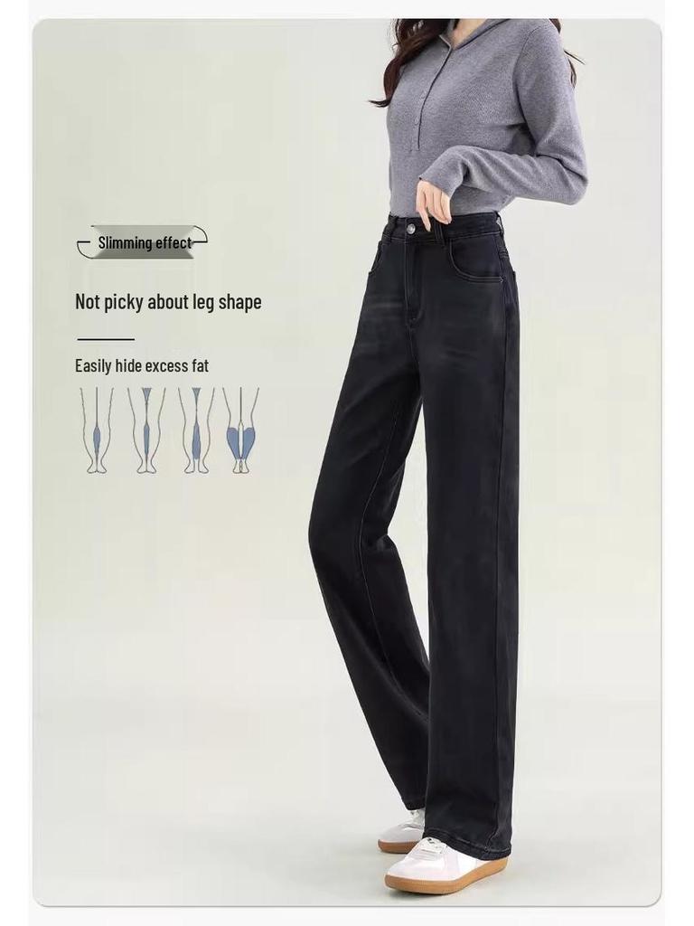 Women's 2025 High-Waisted Black Loose Straight-Leg Jeans: Slimming, Versatile, Wide-Leg Pants for Spring & Autumn