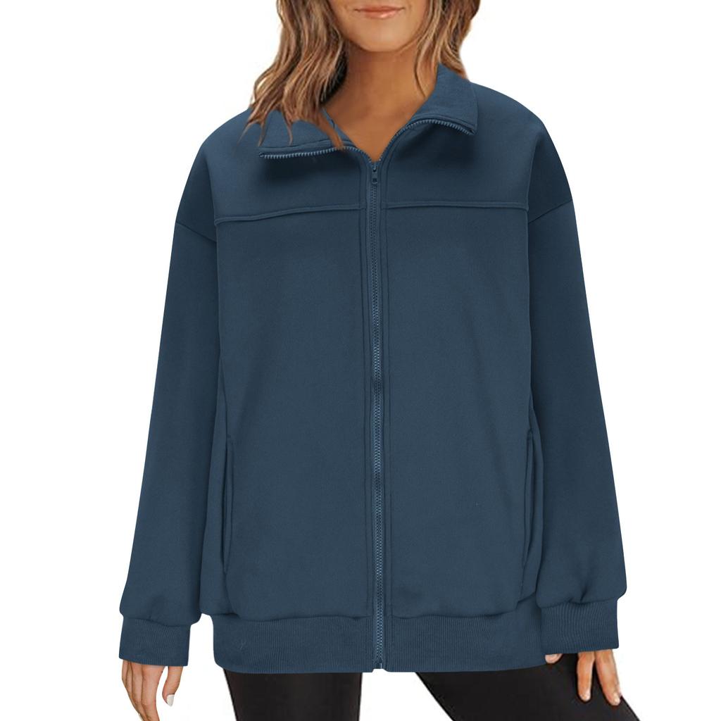 Damenmode Reißverschluss Hoodie Langarm Kapuzenpullover Sweatshirt Lässige einfarbige Oberteile mit Taschen